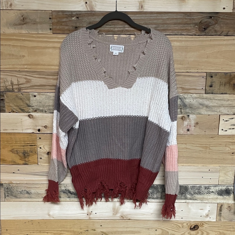 Love Riche size Medium Multicolor V-Neck Frayed Super Soft Oversized Sweater
